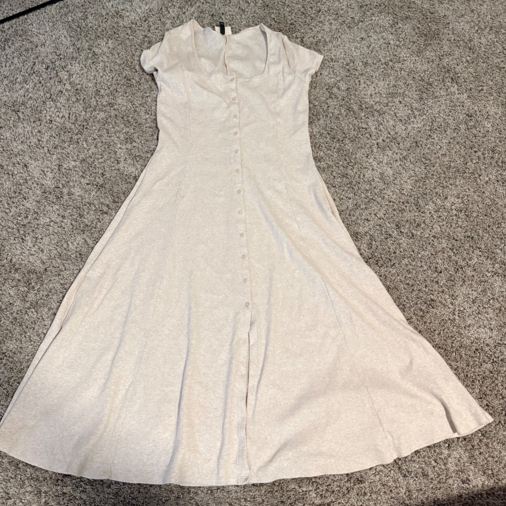 Universal Thread Womens XL Oatmeal Ribbed Button Front Short Sleeve Midi Dress